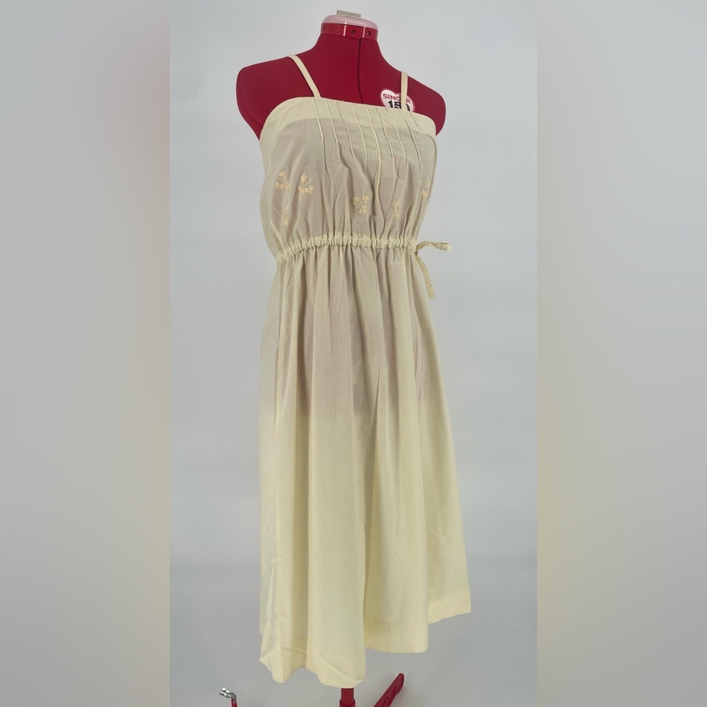 Vintage Pastel Yellow Side Button Drawstring Waist Midi Sundress